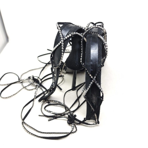 Steve Madden Sandal Heels Justyne Black Glass Rhinestone Tie Up Gladiator 7 - Picture 5 of 10